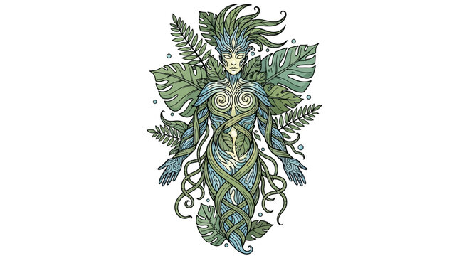 Mythical Nature Spirit Woman, Fantasy Forest Deity, Greenery Goddess Illustration