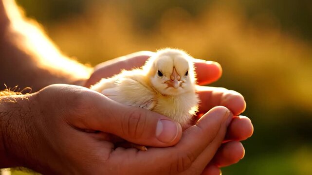 Small yellow chick held gently in cupped hands outdoors during sunset