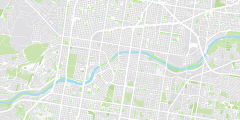 Fototapeta premium City map illustration with light green parks and winding blue rivers detailed vector design aerial