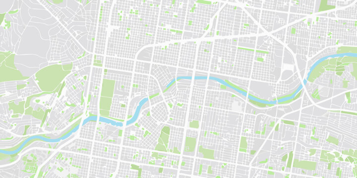 City map illustration with light green parks and winding blue rivers detailed vector design aerial