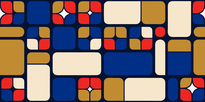 Geometric pattern of irregularly arranged rectangles and rounded squares in red gold and blue abstract