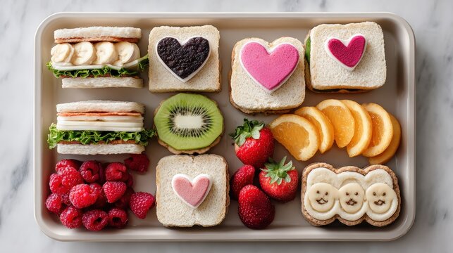 Mini sandwiches cut into playful shapes with cookie cutters on lunch tray with fresh fruit sides, designed for children nutrition, creative meal prep, and enjoyable healthy lunches at home or school.