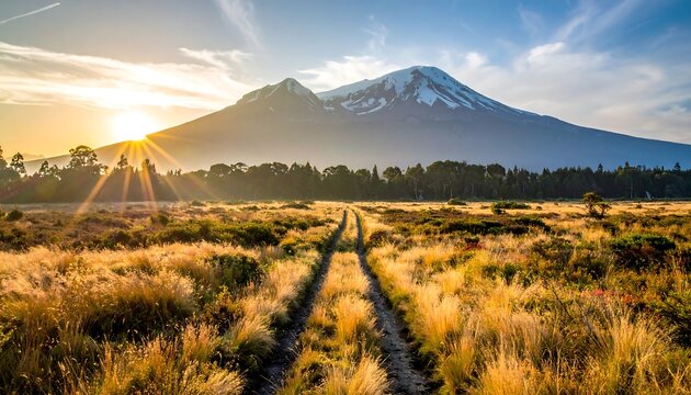 Golden field path leading to a snow-capped mountain with sun shining through trees, clear blue sky
