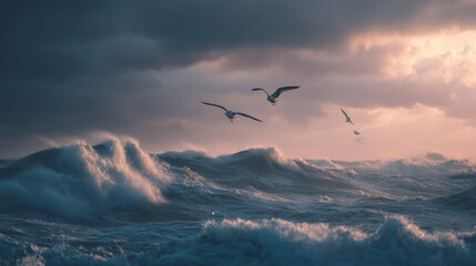 Naklejka premium Seagulls flying in the sky over mountains and ocean at sunset with clouds and orange light of nature and freedom over sea and water in the evening sky