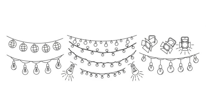 A festive scene with hanging lamps and gifts on strings indoors