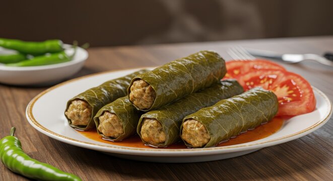 Delicious dolmas on a plate with tomato and peppers on a wooden table