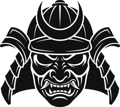 Black and white vector illustration of a traditional Japanese samurai warrior helmet mask.
