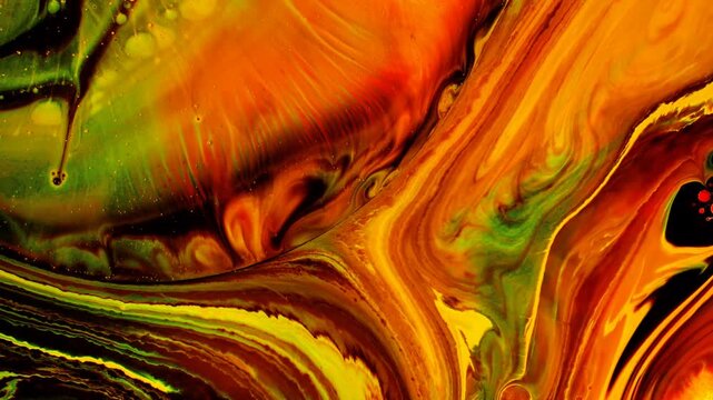 Vibrant psychedelic fluid acrylic artwork. Colorful explosion of red, orange, green, and yellow paint blending into dynamic trippy marble patterns and high-energy background.