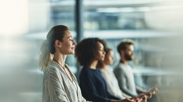 Corporate mental wellness image showing group mindfulness pause during busy workday modern office interior and supportive team culture perfect for emotional health and workplace balance concept.