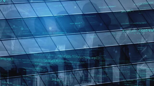 A captivating abstract background featuring programming code reflected on glass surfaces of a modern building, highlighting innovation in technology and design. Xenic
