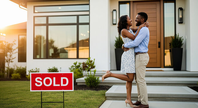 Joyful couple hugging by new home sold sign perfect for successful property investment and professional real estate plan