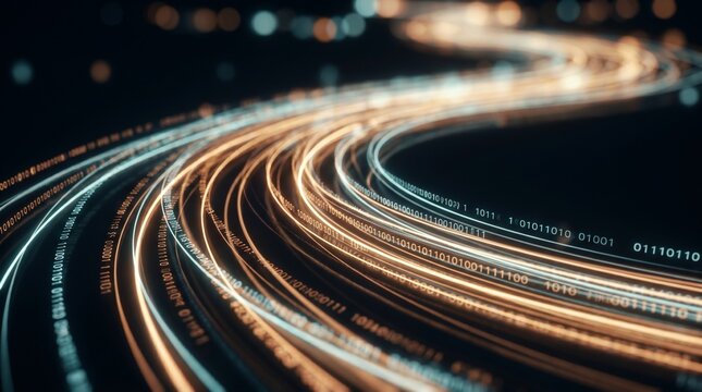 Vast dark ocean of digital data streams with glowing binary code numbers on high speed fiber optic trails