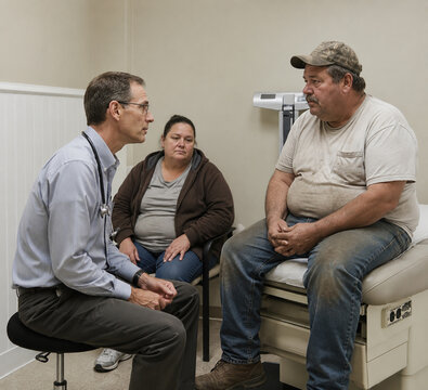 Rural doctor consults with a patient during a medical visit in a small community clinic. Primary healthcare, patient communication, family support, and accessible care in a countryside setting.