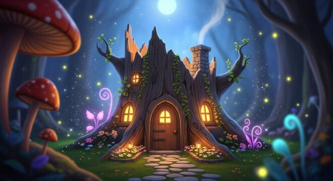 Ilustra&ccedil;&atilde;o de uma cabana encantada na floresta com luzes brilhantes e cogumelos m&aacute;gicos.