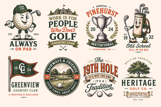A collection of eight vintage-style golf-themed logos and emblems featuring cartoon characters, trophies, country club designs, and golf course landscapes.