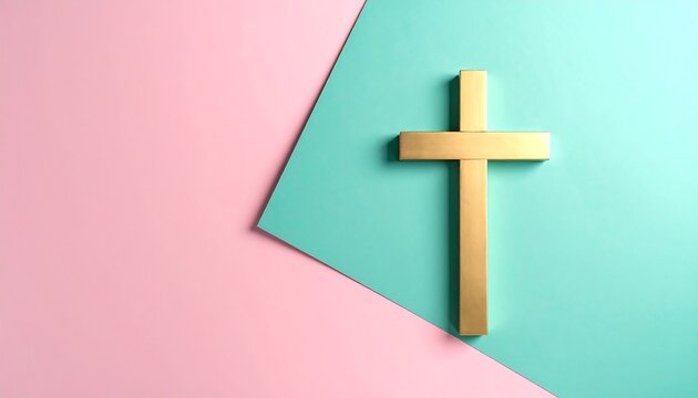 Gold cross on a diagonally split pastel pink/aqua background