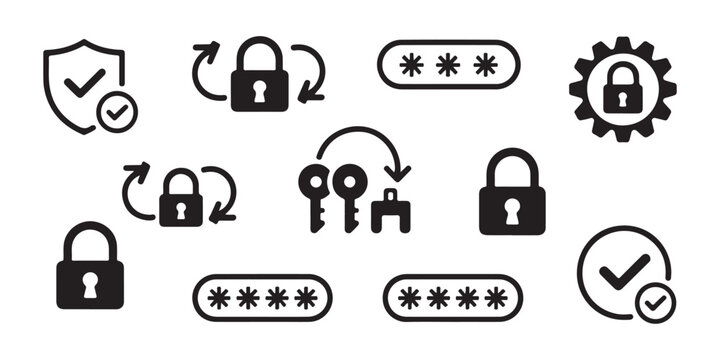Security icons set including locks passwords shield key and gear for digital protection concepts.