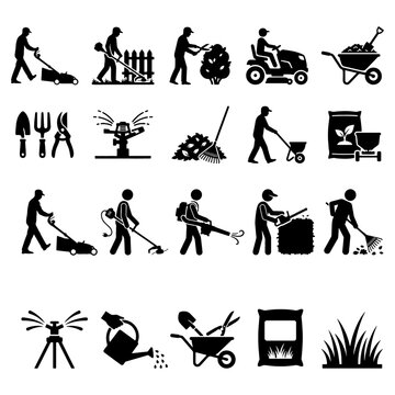 Backyard mowing services indicators and agricultural horticulture trim workforce graphic symbols collection. Minimalist black silhouettes for lawnmower, trimmer, wheelbarrow, and sprinkler
