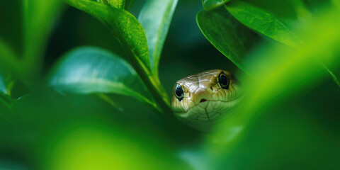 Obraz premium Mesmerizing Gaze, Close-up of a Wild Green Snake Peeking Through Lush, Vibrant Foliage in a Tropical Forest Habitat. Captivating Reptile's Stealthy Glance Amidst Emerald Leaves, Symbolizing Nature's