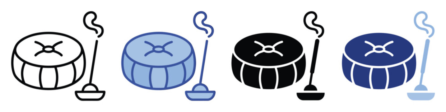 Incense burner and meditation cushion icon set. Spiritual, zen, yoga, aromatherapy symbols. Relaxation, mindfulness, peace web app UI glyph outline solid collection.
