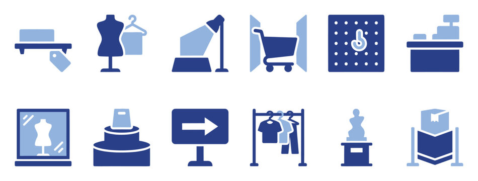 Set of shopping icons. Retail store, display, boutique, purchase, sale, commerce symbols. Mannequin, spotlight, shopping cart, cash register, clothing rack glyphs.