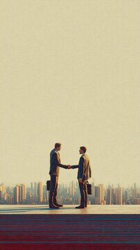 Businessmen in suits exchanging handshake on rooftop with city skyline in the background during sunset