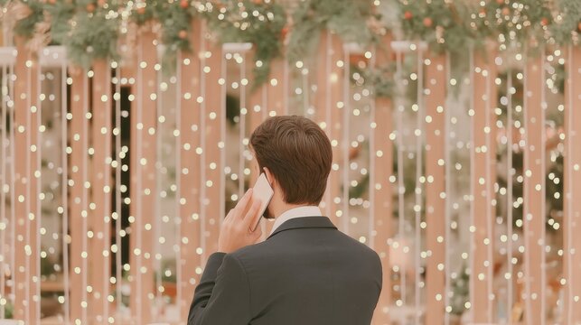 Businessman in formal attire talking on smartphone against decorated background with string lights and festive decor Modern China Business a sustainable china business model