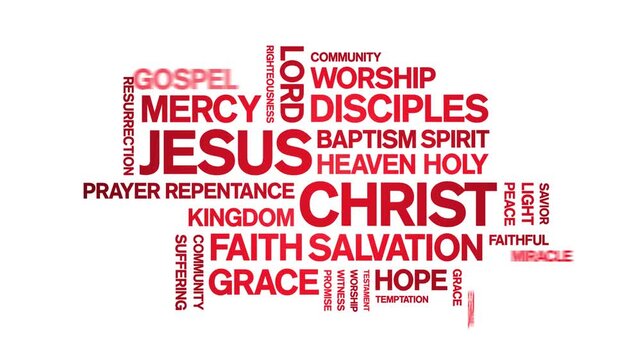 Jesus Christ animated word cloud-text design animation tag kinetic typography seamless loop.
