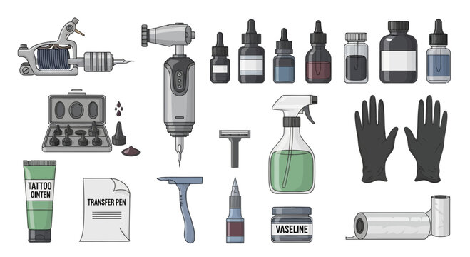 Tattoo Artist Tools and Supplies Collection - Tattoo Machine, Ink, Gloves, Vaseline