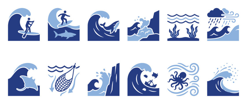 Set of ocean icons. Marine life, water sports, sea waves, beach, storm, fishing, diving, nature environment symbols, flat graphic pictograms.