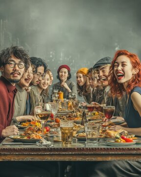 Joyful Diverse Group of Friends Dining Together at a Long Table Filled with Food and Drinks Modern China Business a sustainable china business model