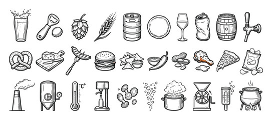 Fototapeta premium Set of beer brewing and pub food icons. Craft beer elements, brewery equipment, ingredients, snacks, bar, restaurant symbols. Hand drawn line art.