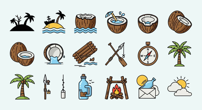 Tropical Island Survival Icons: Coconuts, Raft, Campfire, Compass