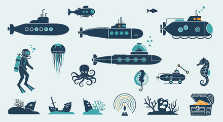 Underwater World: Submarines, Diver, Sea Creatures, Shipwreck, Treasure Chest © gundul
