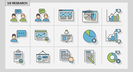 Fototapeta premium UX Research Icons: User Experience, Analytics, Feedback, Design & Strategy