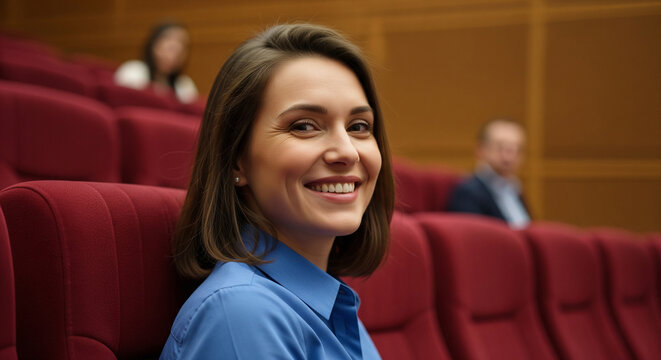 Professional woman smiling over shoulder in red auditorium perfect for corporate business seminar and event meeting plan
