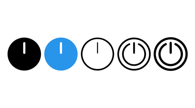 Horizontal row of stylized power icons, solid and outlined, representing universal technology states with bold shapes, minimal design, and interface clarity.