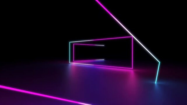 Abstract neon light frames rotating in dark digital space background