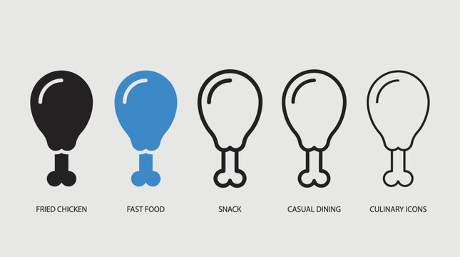 Dynamic row of stylized chicken drumstick icons, each labeled differently, representing food categories through bold outlines, solid fills, and minimal design.