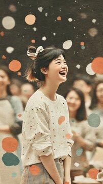 Joyful young woman laughing at celebration with confetti and blurred crowd background Modern China Business a sustainable china business model