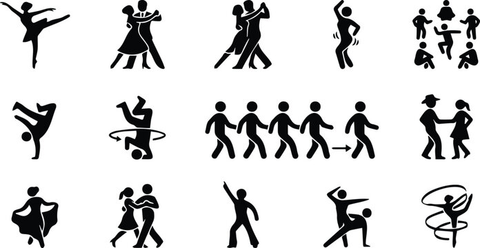 Dance Style Silhouette Icon Set Ballet Tango Breakdance Couple Line Flash Mob Vector Collection