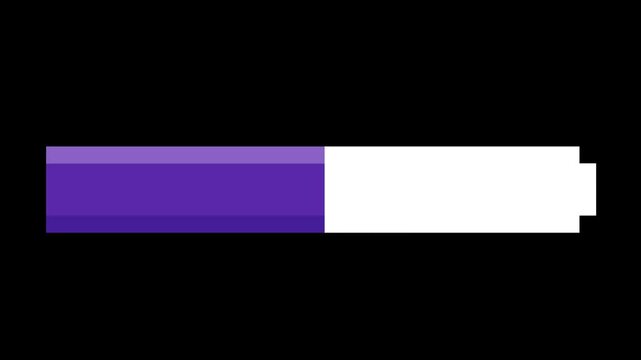 Pixelated purple battery charge indicator for digital user interfaces and retro game status displays, showcasing energy level progress