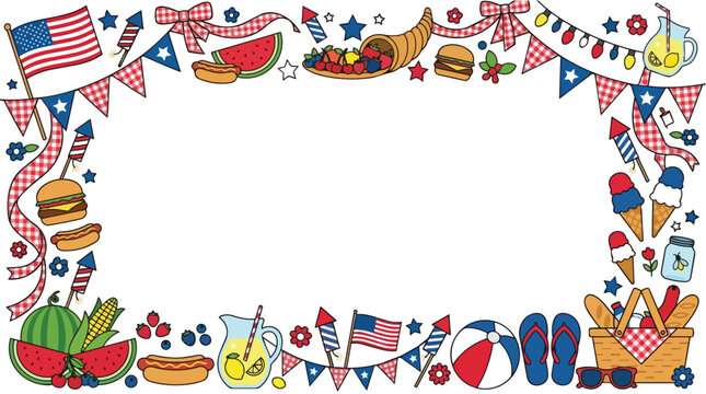 Independence Day celebration border with food, fireworks, and summer picnic elements