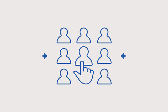 Grid of human user avatars with pointing hand cursor line icon for team member selection, user database navigation. Helpful vector illustration for admin panels, corporate directory interfaces.