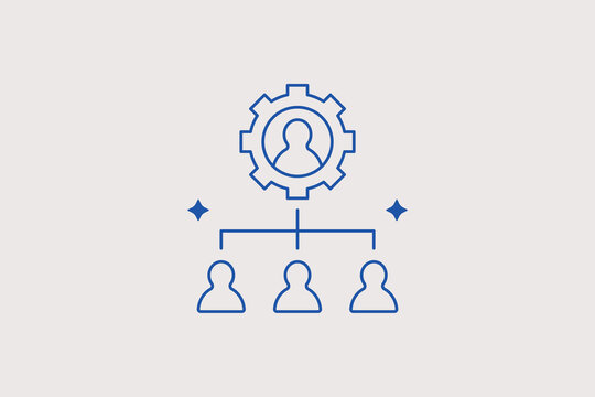 Human avatar inside gear connected to subordinate profiles line icon for corporate hierarchy management, organization structure design. Practical vector illustration for hr systems, admin dashboards.