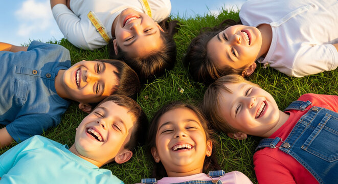 Cheerful smiling kids in a circle on park grass perfect for joyful summer childhood and happy outdoor friendship play plan