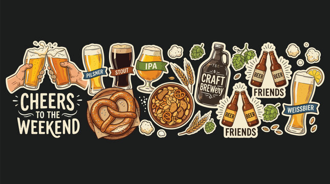 Beer Collage Poster decorative illustration collection, brewery artwork, beverage motif design composition, pub vector set, festive graphics