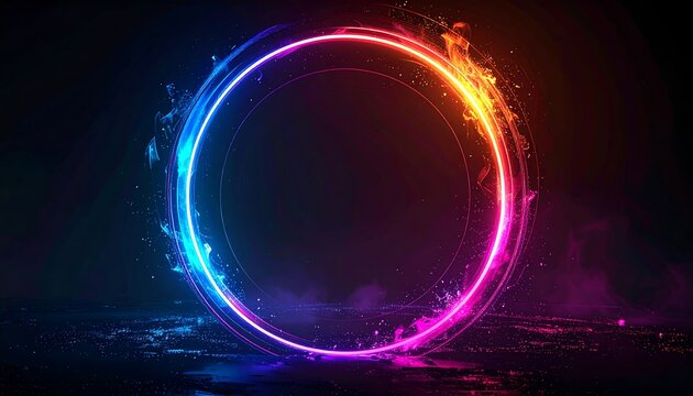 Glowing ring in dark space, colored from cool blue to warm orange with smoke around the edges and surface reflections