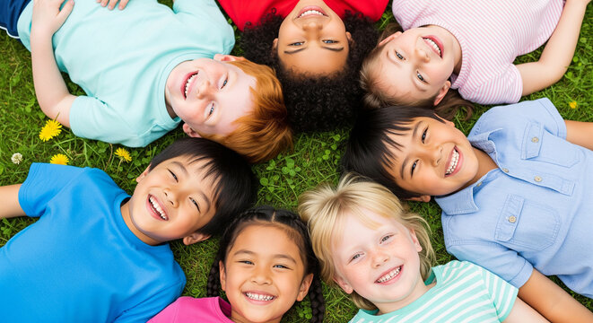 Happy diverse kids smiling in circle on park grass perfect for joyful outdoor play concepts and cheerful childhood friendship