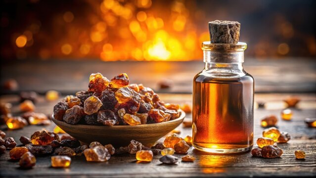Freshly harvested guggul resin with a small bottle of guggul extract silhouette